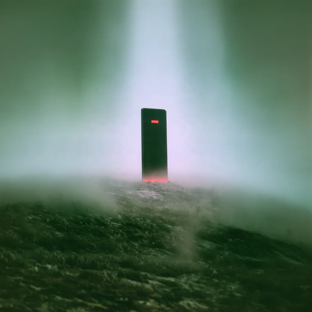 A dark monolith on a green hillside in fog, a red seam burning at its face and base, pale beams falling behind it.
